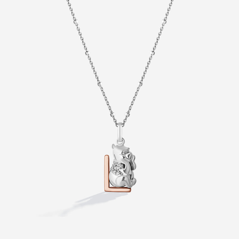 WINNIE THE POOH Alphabet 'L' Women's Necklace with 1/20 CTTW Diamonds in 14K Rose Gold and Sterling Silver 
