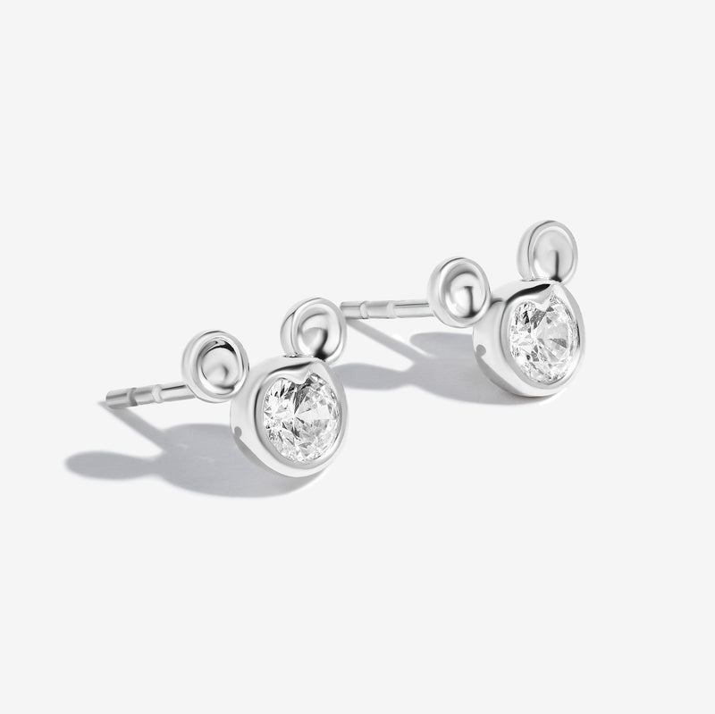 MICKEY MOUSE Silhouette Women's Stud Earrings with White Topaz and 5/8 CTTW Diamonds in Sterling Silver 