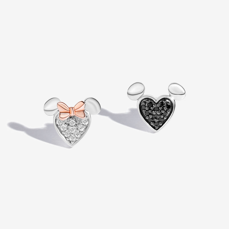 MICKEY AND MINNIE MOUSE Women's Heart Stud Earrings with 1/6 CTTW Diamonds in 14K Rose Gold and Black Rhodium and Sterling Silver 