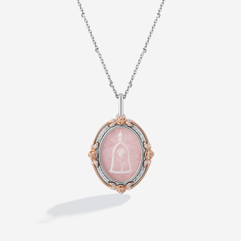 BEAUTY AND THE BEAST Carved Women's Necklace with Pink Agate and 1/10 CT.TW. Diamonds in Sterling Silver 