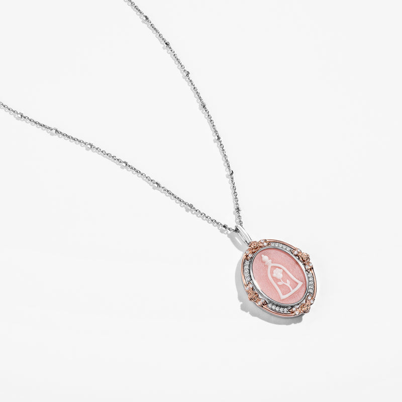 BEAUTY AND THE BEAST Carved Women's Necklace with Pink Agate and 1/10 CT.TW. Diamonds in Sterling Silver 
