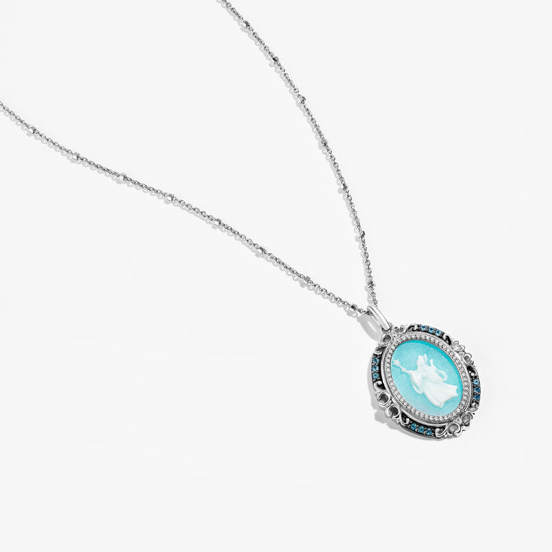 CINDERELLA Carved Fairy Godmother Women's Necklace with Blue Aventurine and London Blue Topaz and 1/10 CT.TW. Diamonds in  in Black Rhodium and Sterling Silver 