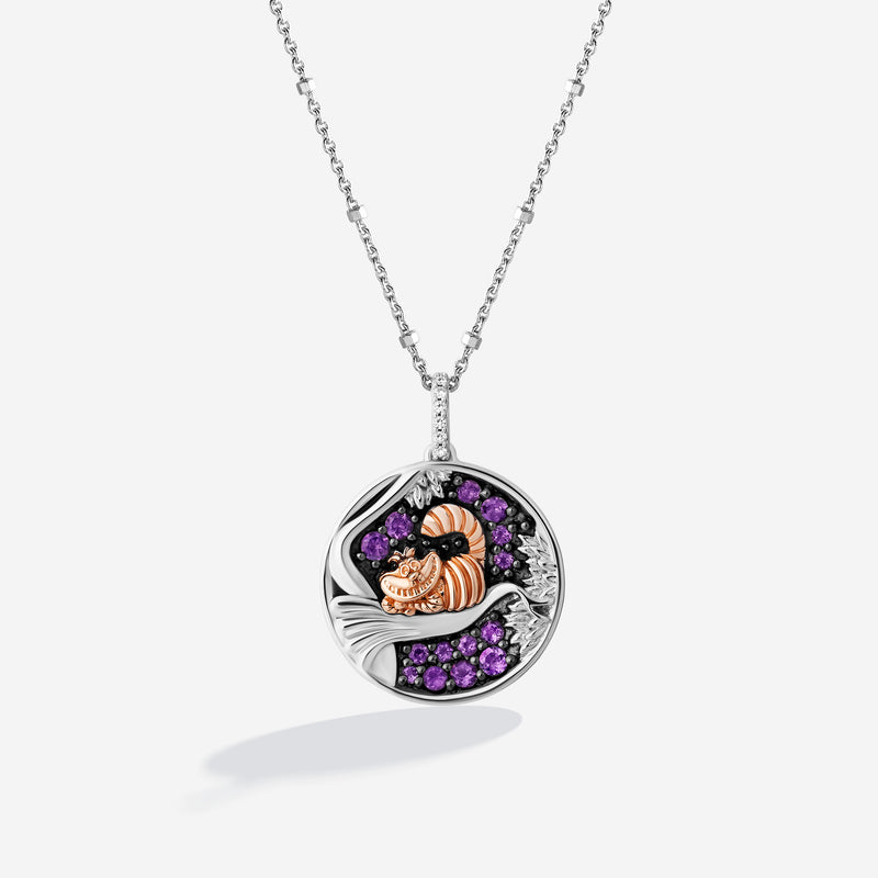 ALICE IN WONDERLAND Iconic Coin Women's Necklace with Amethyst and 1/20 CTTW Diamonds in 10K Rose Gold and Black Rhodium over Sterling Silver 