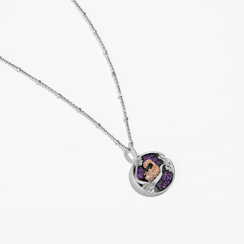ALICE IN WONDERLAND Iconic Coin Women's Necklace with Amethyst and 1/20 CTTW Diamonds in 10K Rose Gold and Black Rhodium over Sterling Silver 