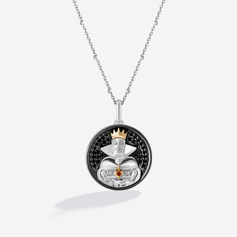 SNOW WHITE AND THE SEVEN DWARFS Evil Queen Iconic Coin Women's Necklace with Black Spinel, Garnet and 1/20 CTTW Diamonds in 10K Yellow Gold and Black Rhodium over Sterling Silver 