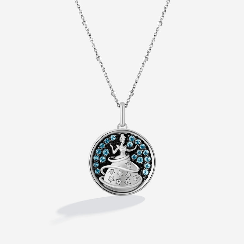 CINDERELLA Iconic Coin Women's Necklace with Swiss Blue Topaz and 1/20 CTTW Diamonds in Black Rhodium and Sterling Silver 