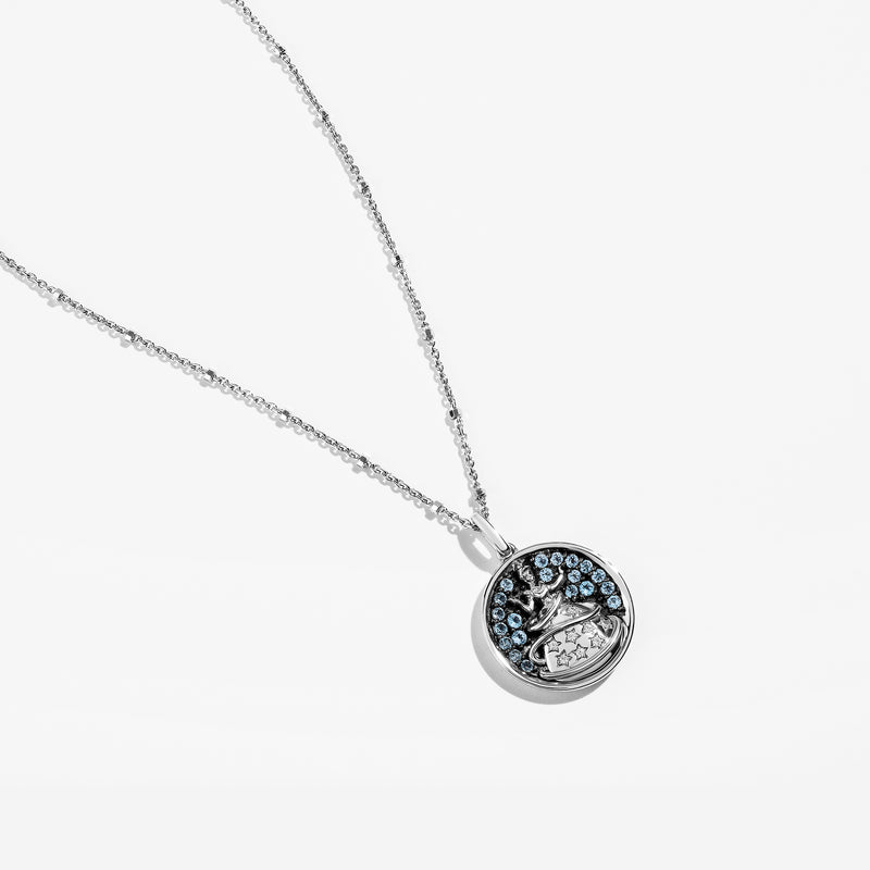 CINDERELLA Iconic Coin Women's Necklace with Swiss Blue Topaz and 1/20 CTTW Diamonds in Black Rhodium and Sterling Silver 