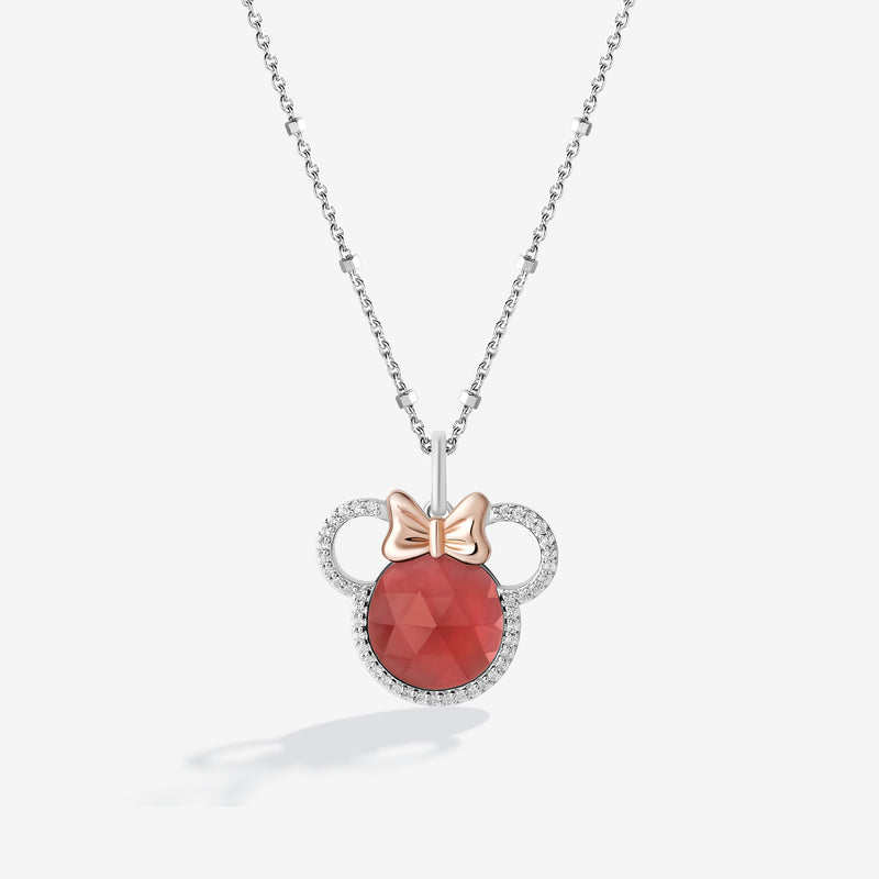 MINNIE MOUSE Cherries Women's Pendant with Garnet and 1/6 CTTW Diamonds in 10K Rose Gold and Sterling Silver 