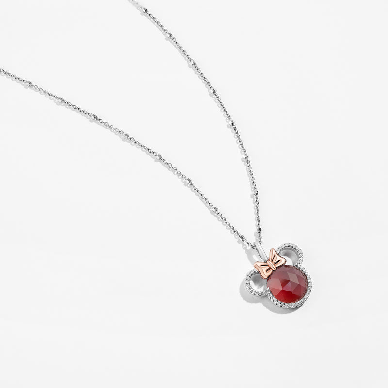 MINNIE MOUSE Cherries Women's Pendant with Garnet and 1/6 CTTW Diamonds in 10K Rose Gold and Sterling Silver 