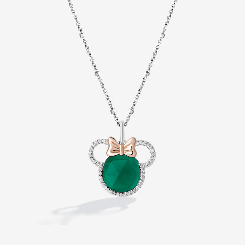 MINNIE MOUSE Iced Green Apple Women's Pendant with Emerald and 1/6 CTTW Diamonds in 10K Rose Gold and Sterling Silver 