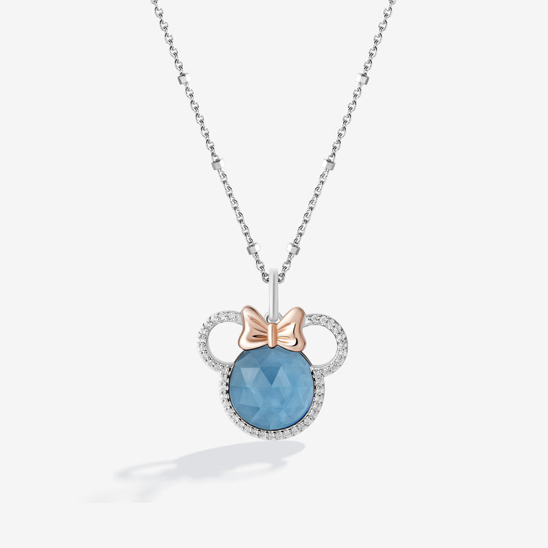 MINNIE MOUSE Cotton Candy Melt Women's Pendant with Swiss Blue Topaz and 1/6 CTTW Diamonds in 10K Rose Gold and Sterling Silver 