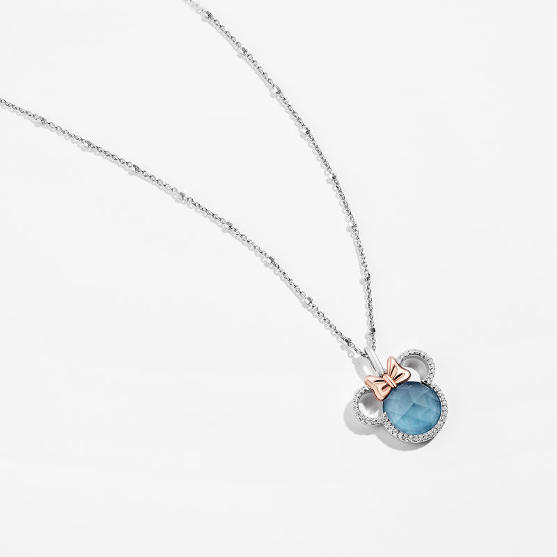 MINNIE MOUSE Cotton Candy Melt Women's Pendant with Swiss Blue Topaz and 1/6 CTTW Diamonds in 10K Rose Gold and Sterling Silver 