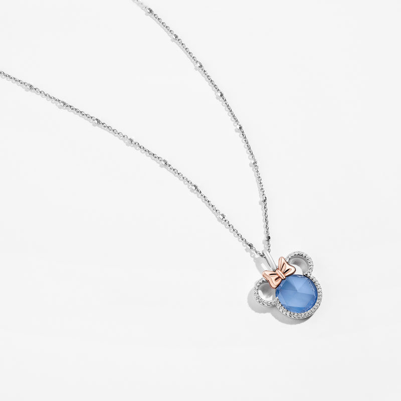 MINNIE MOUSE Blueberry Bliss Women's Pendant with Created Blue Sapphire and 1/6 CTTW Diamonds in 10K Rose Gold and Sterling Silver 