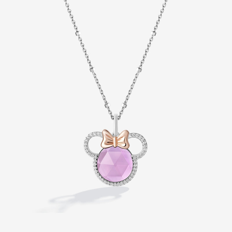MINNIE MOUSE Strawberry Lush Women's Pendant with Created Pink Sapphire and 1/6 CTTW Diamonds in 10K Rose Gold and Sterling Silver 