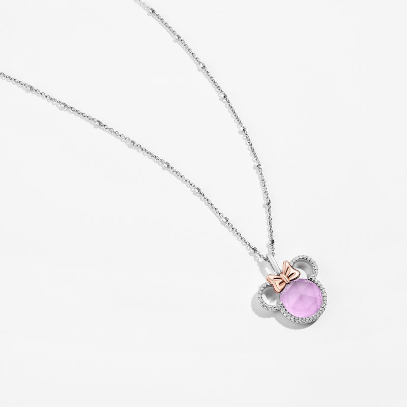 MINNIE MOUSE Strawberry Lush Women's Pendant with Created Pink Sapphire and 1/6 CTTW Diamonds in 10K Rose Gold and Sterling Silver 