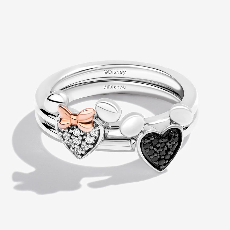 MICKEY AND MINNIE MOUSE Women's Heart Stackable Ring with 1/6 CTTW Diamonds  in 14K Rose Gold and Black Rhodium and Sterling Silver