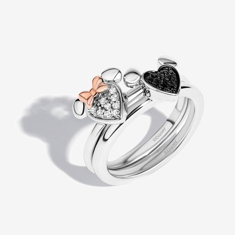 MICKEY AND MINNIE MOUSE Women's Heart Stackable Ring with 1/6 CTTW Diamonds in 14K Rose Gold and Black Rhodium and Sterling Silver 