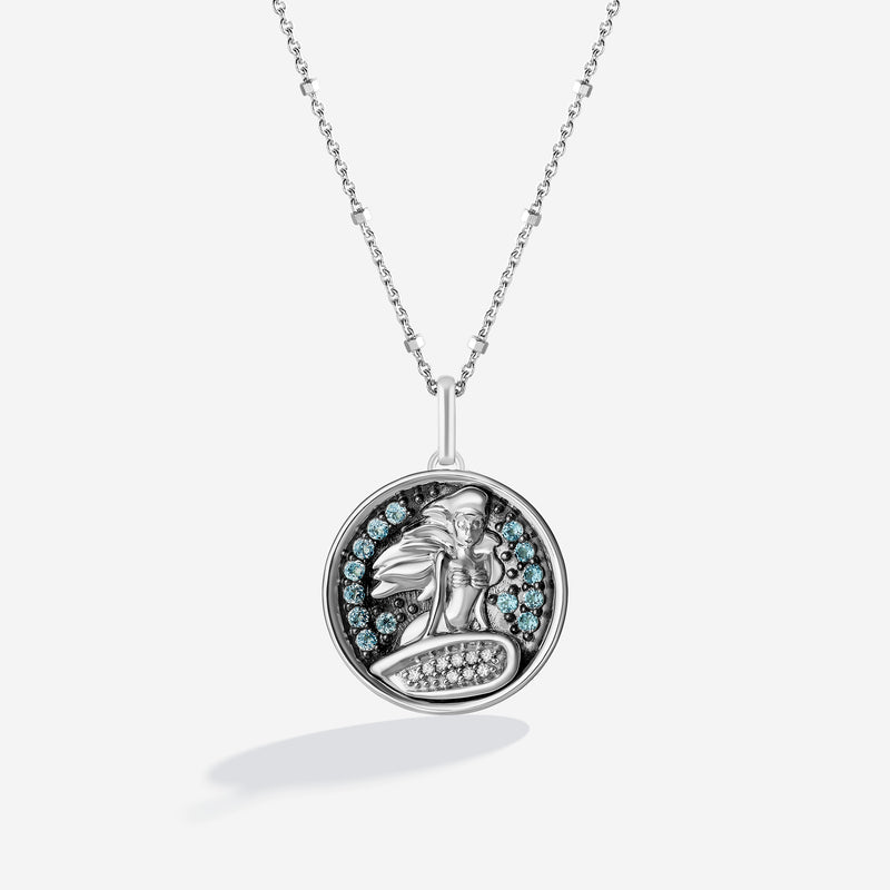 THE LITTLE MERMAID Iconic Coin Women's Necklace with Swiss Blue Topaz and 1/20 CTTW Diamonds in Black Rhodium and Sterling Silver 