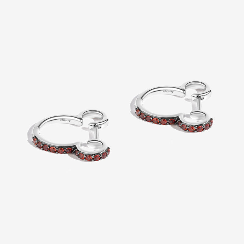 MICKEY MOUSE Cherries on Top Women's Hoop Earrings with Garnet in Sterling Silver 