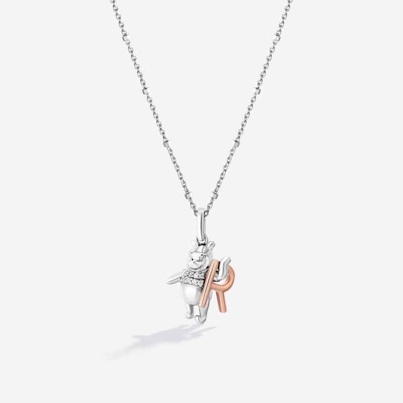 WINNIE THE POOH Alphabet 'R' Women's Necklace with 1/20 CTTW Diamonds in 14K Rose Gold and Sterling Silver 