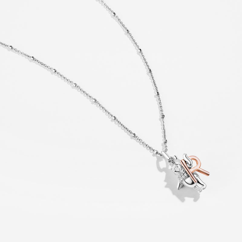 WINNIE THE POOH Alphabet 'R' Women's Necklace with 1/20 CTTW Diamonds in 14K Rose Gold and Sterling Silver 