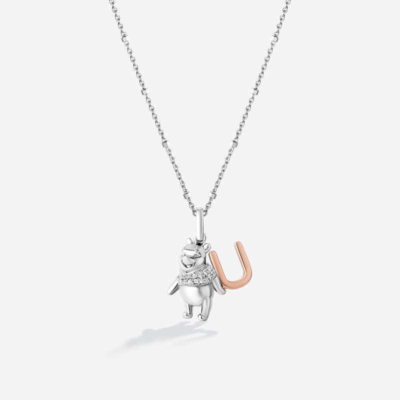 WINNIE THE POOH Alphabet 'U' Women's Necklace with 1/20 CTTW Diamonds in 14K Rose Gold and Sterling Silver 