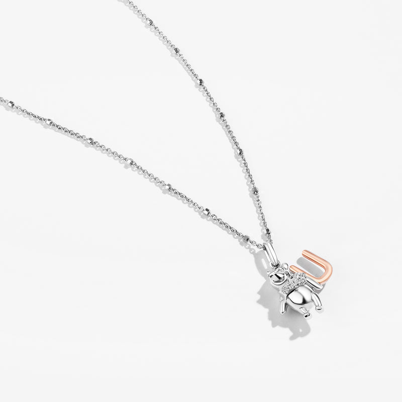 WINNIE THE POOH Alphabet 'U' Women's Necklace with 1/20 CTTW Diamonds in 14K Rose Gold and Sterling Silver 