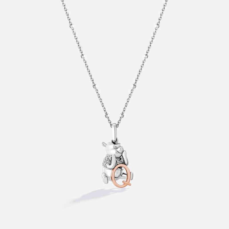 WINNIE THE POOH Alphabet 'Q' Women's Necklace with 1/20 CTTW Diamonds in 14K Rose Gold and Sterling Silver 