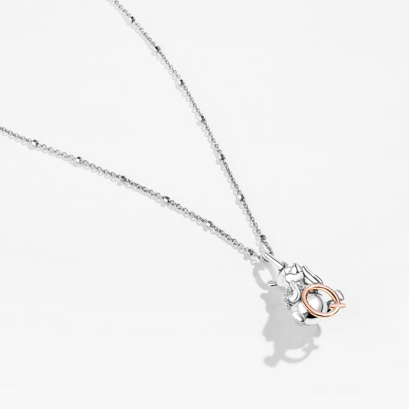 WINNIE THE POOH Alphabet 'Q' Women's Necklace with 1/20 CTTW Diamonds in 14K Rose Gold and Sterling Silver 