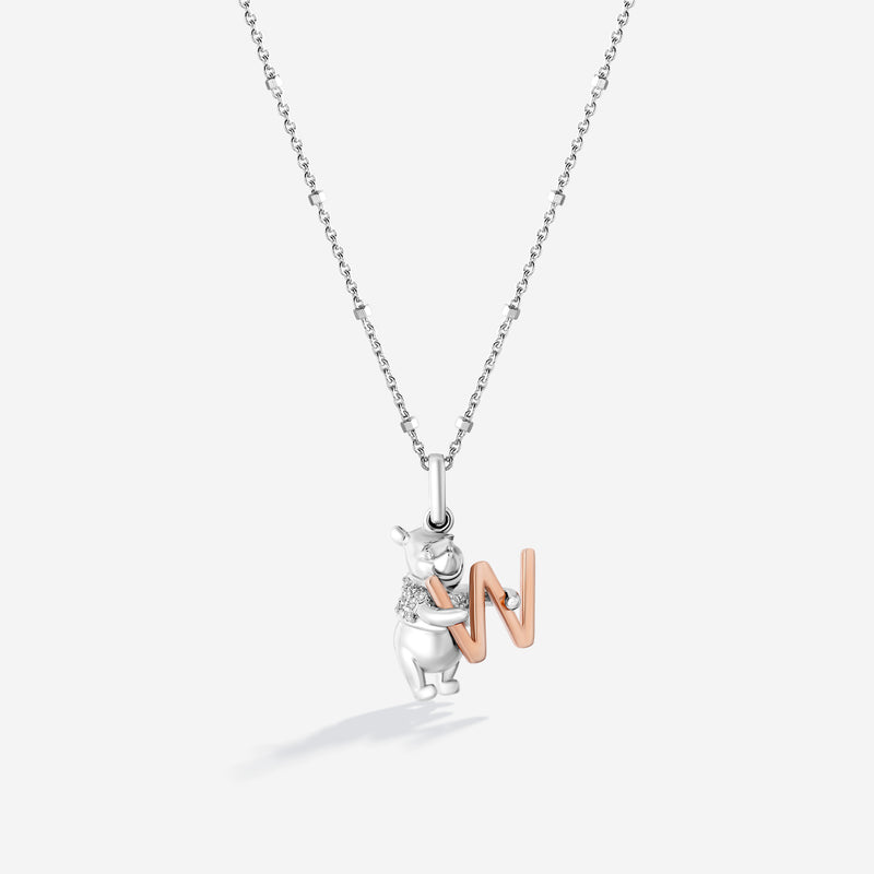 WINNIE THE POOH Alphabet 'W' Women's Necklace with 1/20 CTTW Diamonds in 14K Rose Gold and Sterling Silver 