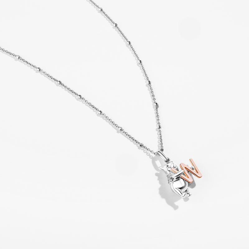 WINNIE THE POOH Alphabet 'W' Women's Necklace with 1/20 CTTW Diamonds in 14K Rose Gold and Sterling Silver 