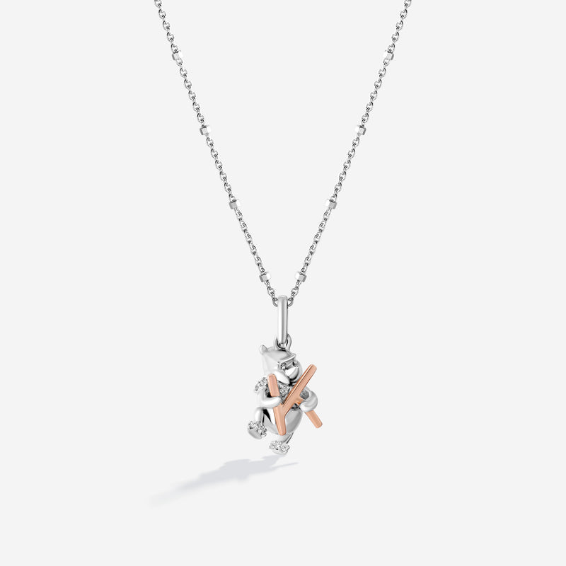 WINNIE THE POOH Alphabet 'K' Women's Necklace with 1/20 CTTW Diamonds in 14K Rose Gold and Sterling Silver 