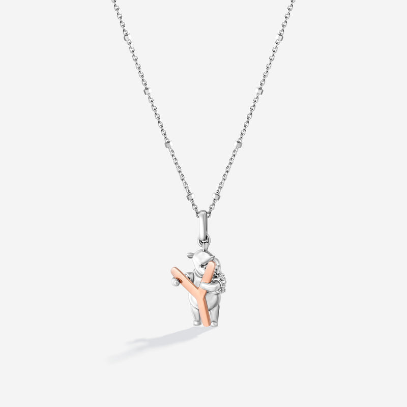 WINNIE THE POOH Alphabet 'Y' Women's Necklace with 1/20 CTTW Diamonds in 14K Rose Gold and Sterling Silver 