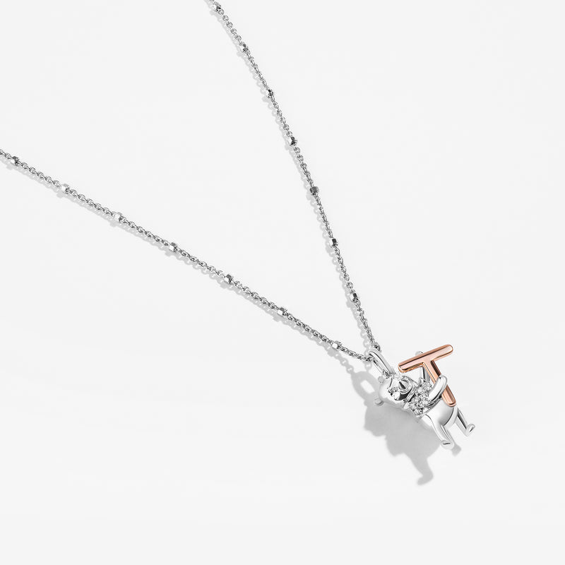 WINNIE THE POOH Alphabet 'T' Women's Necklace with 1/20 CTTW Diamonds in 14K Rose Gold and Sterling Silver 