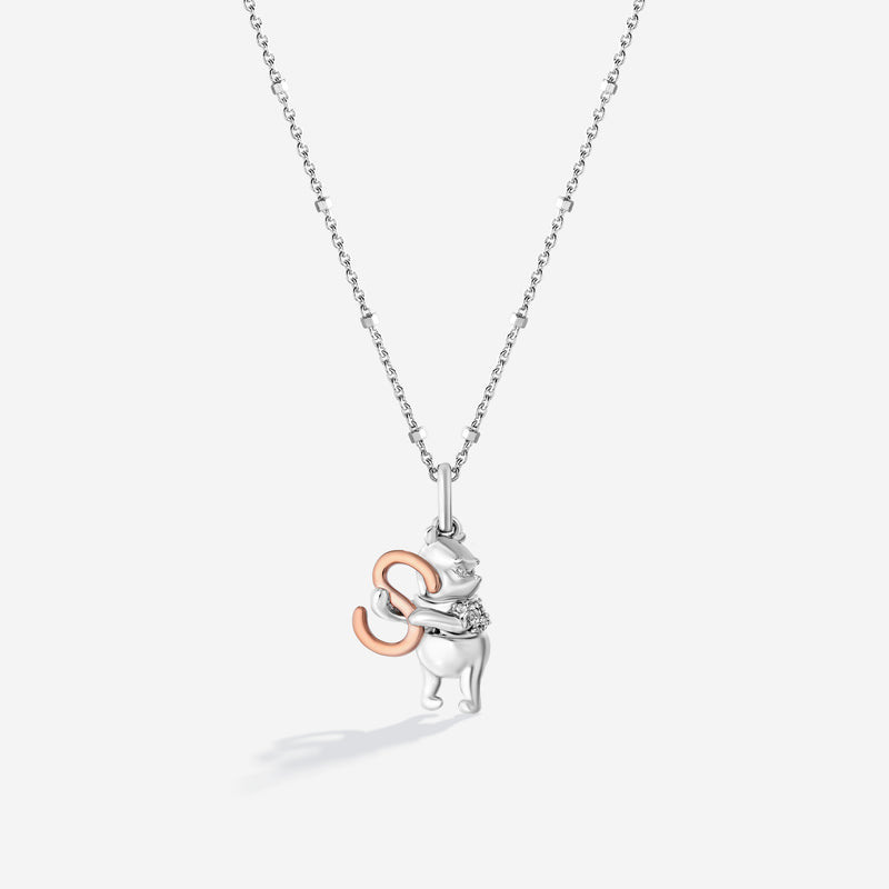 WINNIE THE POOH Alphabet 'S' Women's Necklace with 1/20 CTTW Diamonds in 14K Rose Gold and Sterling Silver 