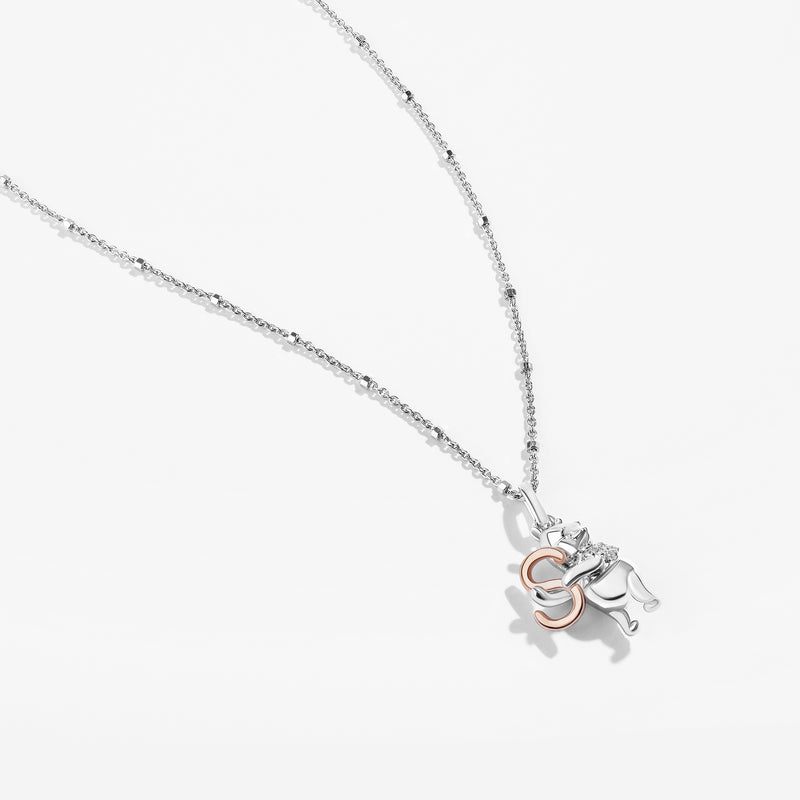WINNIE THE POOH Alphabet 'S' Women's Necklace with 1/20 CTTW Diamonds in 14K Rose Gold and Sterling Silver 