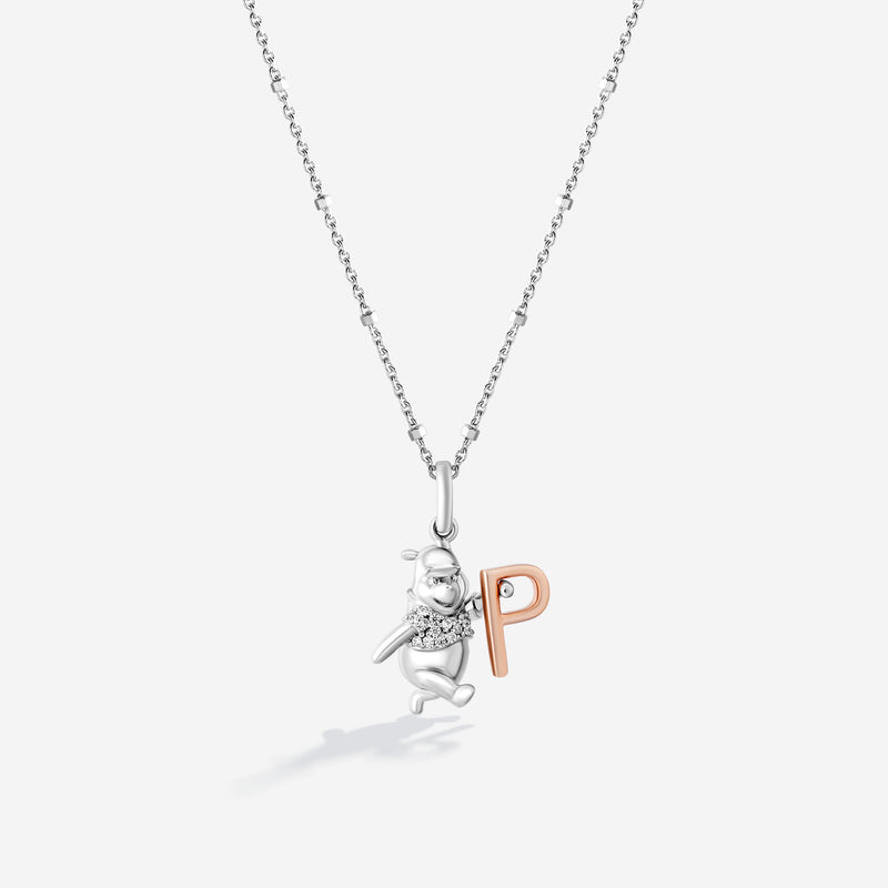 WINNIE THE POOH Alphabet 'P' Women's Necklace with 1/20 CTTW Diamonds in 14K Rose Gold and Sterling Silver 