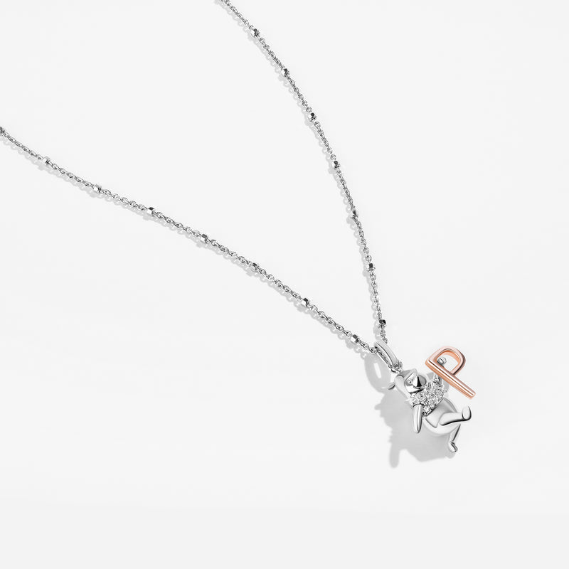 WINNIE THE POOH Alphabet 'P' Women's Necklace with 1/20 CTTW Diamonds in 14K Rose Gold and Sterling Silver 