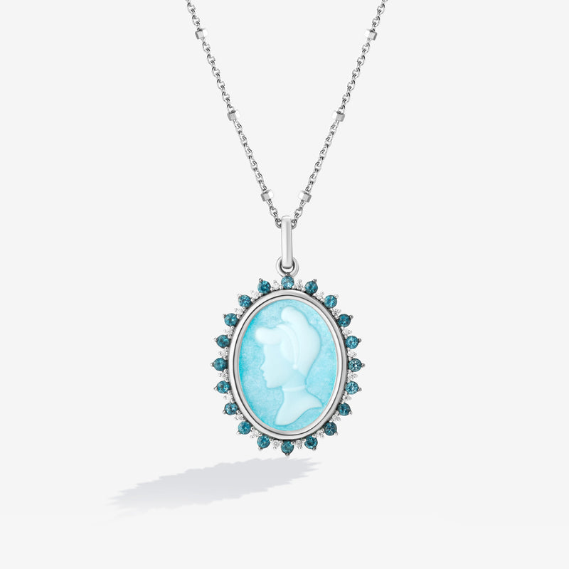 CINDERELLA Carved Silhouette Women's Necklace with Blue Agate, London Blue Topaz and accent Diamonds in Sterling Silver 