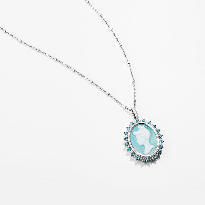 CINDERELLA Carved Silhouette Women's Necklace with Blue Agate, London Blue Topaz and accent Diamonds in Sterling Silver 