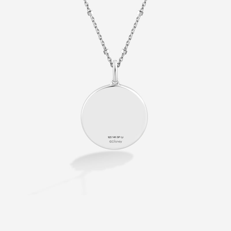 MICKEY MOUSE Medallion Women's Necklace with Enamel, Garnet and 1/10 CT.TW. Diamonds in 14K Rose Gold and Black Rhodium and Sterling Silver 