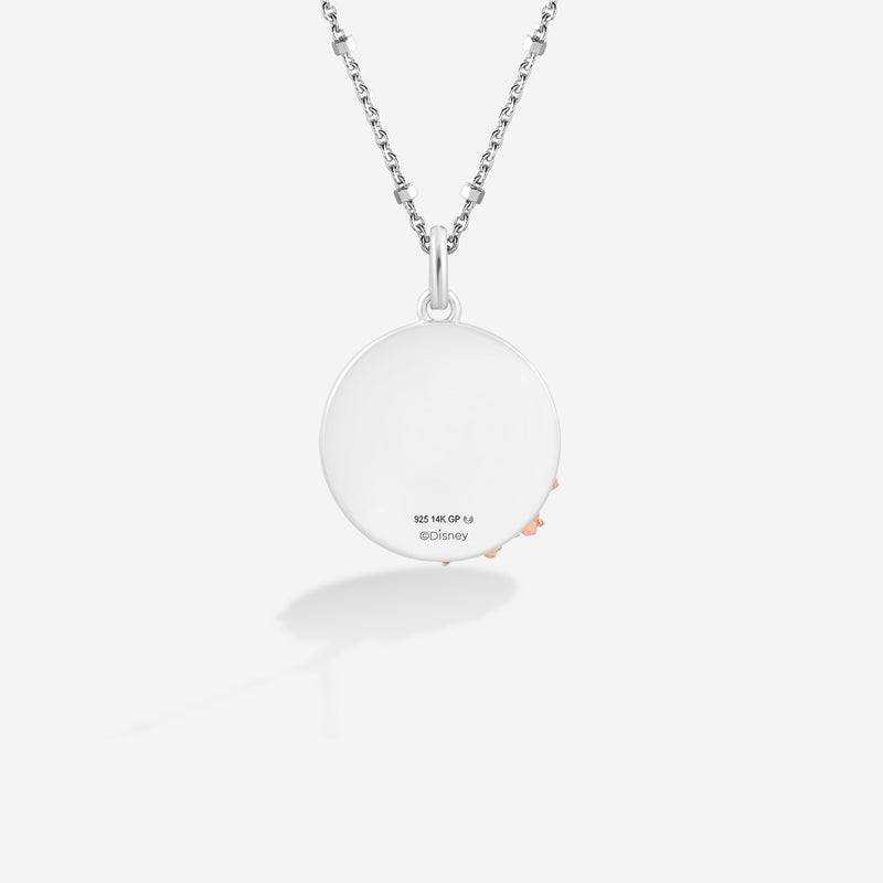 Lilo And Stitch Angel Medallion Women's Necklace with Created Pink Sapphire and 1/8 CTTW Diamonds in 14K Rose Gold and Black Rhodium and Sterling Silver 