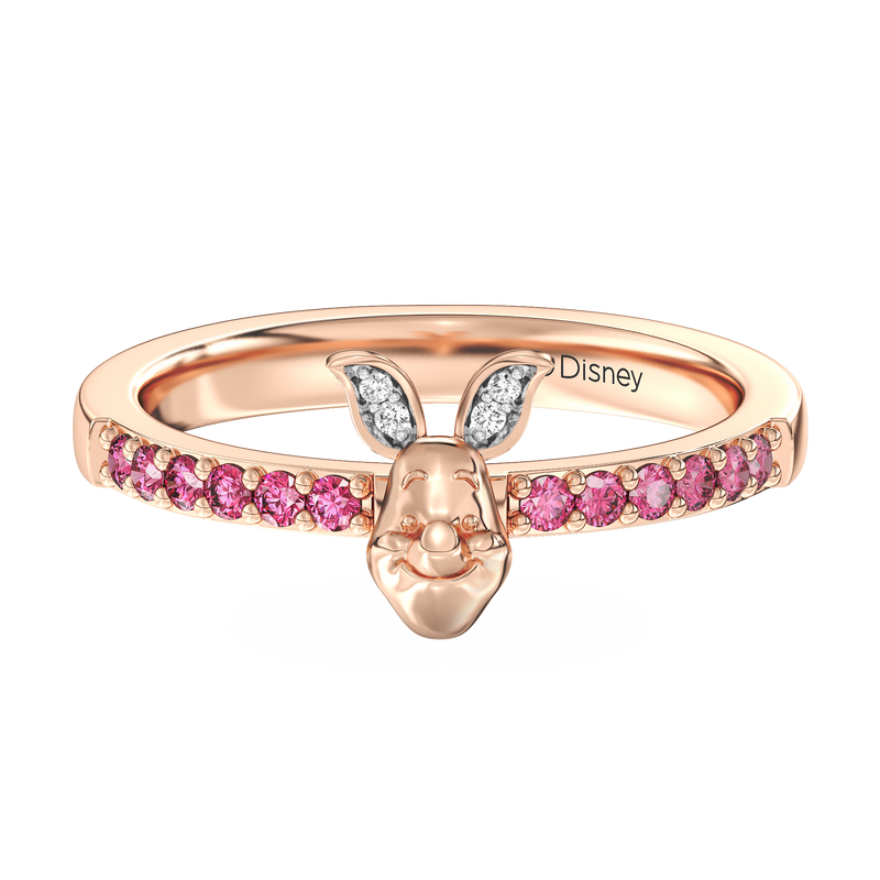 WINNIE THE POOH Piglet Women's Stackable Ring with Pink Sapphire and 1/20 CT.TW. Diamonds in 14K Rose Gold and Sterling Silver 