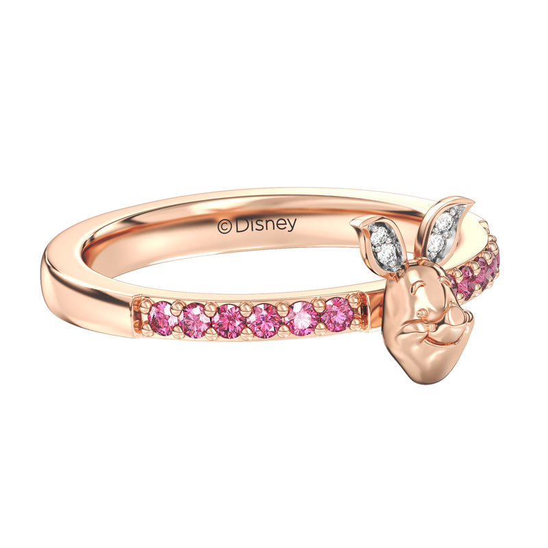 WINNIE THE POOH Piglet Women's Stackable Ring with Pink Sapphire and 1/20 CT.TW. Diamonds in 14K Rose Gold and Sterling Silver 