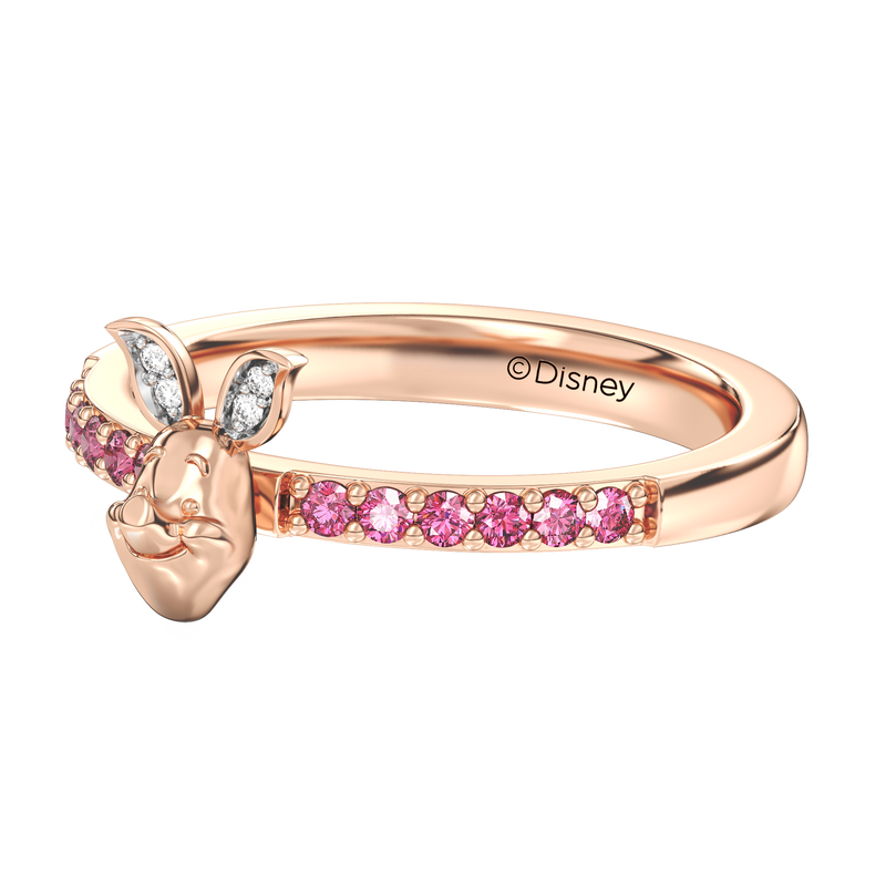 WINNIE THE POOH Piglet Women's Stackable Ring with Pink Sapphire and 1/20 CT.TW. Diamonds in 14K Rose Gold and Sterling Silver 