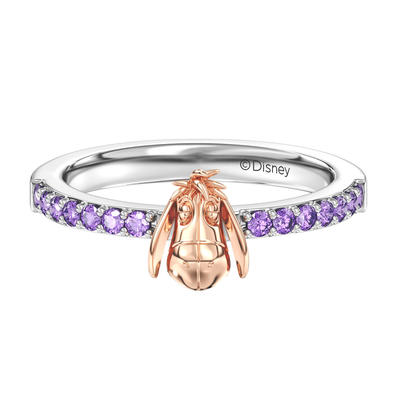 WINNIE THE POOH Eeyore Women's Stackable Ring with Amethyst in 14K Rose Gold and Sterling Silver 