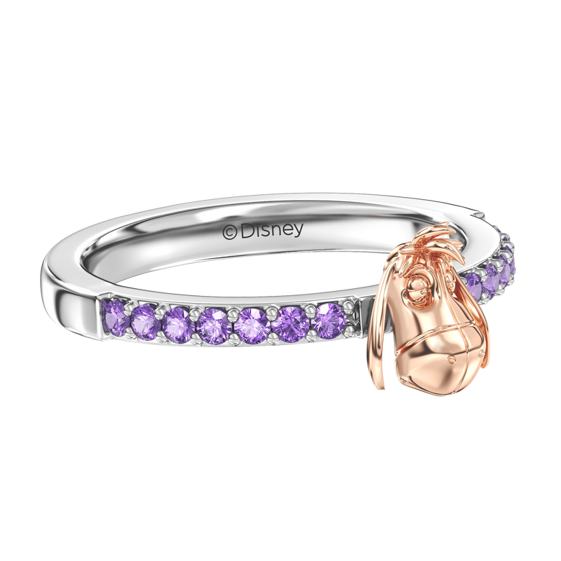 WINNIE THE POOH Eeyore Women's Stackable Ring with Amethyst in 14K Rose Gold and Sterling Silver 