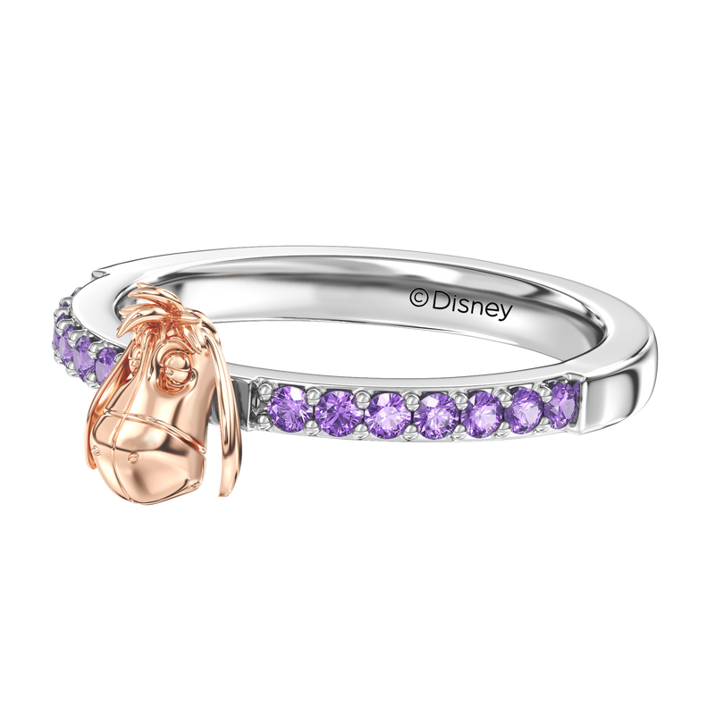 WINNIE THE POOH Eeyore Women's Stackable Ring with Amethyst in 14K Rose Gold and Sterling Silver 