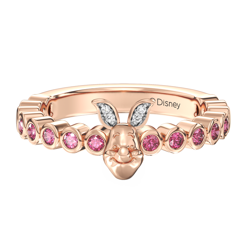 WINNIE THE POOH Piglet Women's Stackable Ring with Bezeled Pink Sapphire and 1/20 CT.TW. Diamonds in 14K Rose Gold and Sterling Silver 