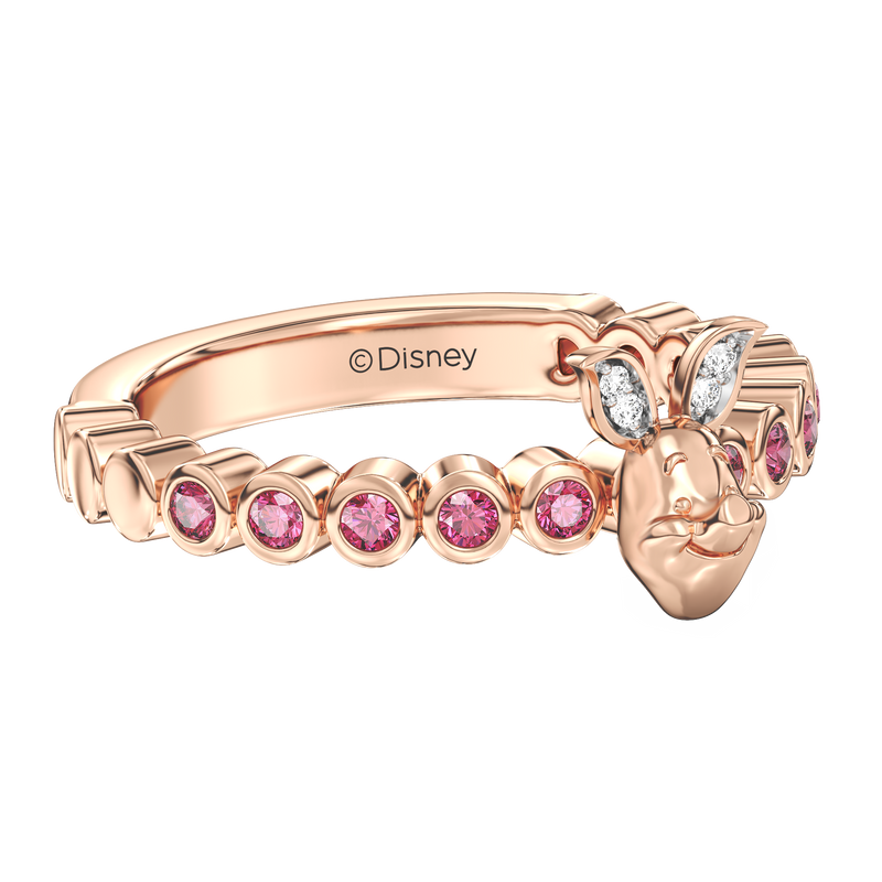 WINNIE THE POOH Piglet Women's Stackable Ring with Bezeled Pink Sapphire and 1/20 CT.TW. Diamonds in 14K Rose Gold and Sterling Silver 